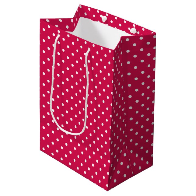 Classic Polka Dot White - Raspberry Red Medium Gift Bag (Front Angled)