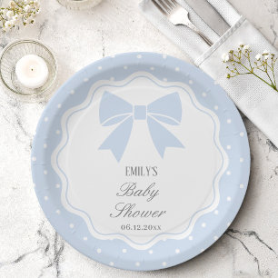 Classic Polka Dots Baby Blue Bow Boy Baby Shower Paper Plate