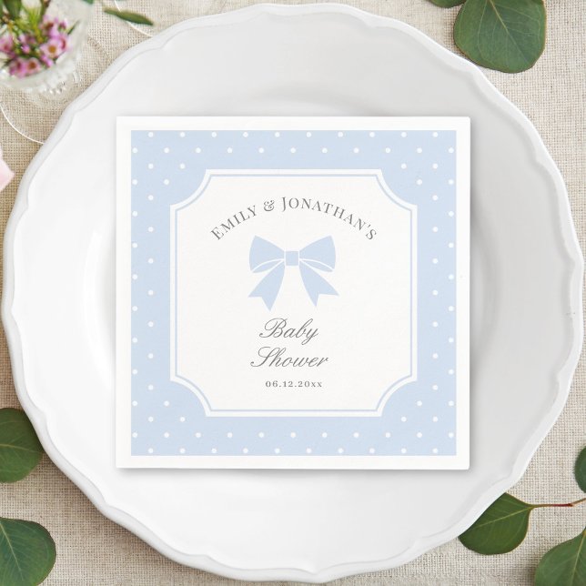 Classic Polka Dots Dusty Blue Bow Boy Baby Shower Napkin (Creator Uploaded)