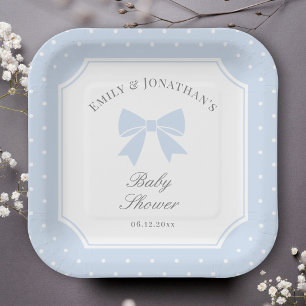 Classic Polka Dots Dusty Blue Bow Boy Baby Shower Paper Plate