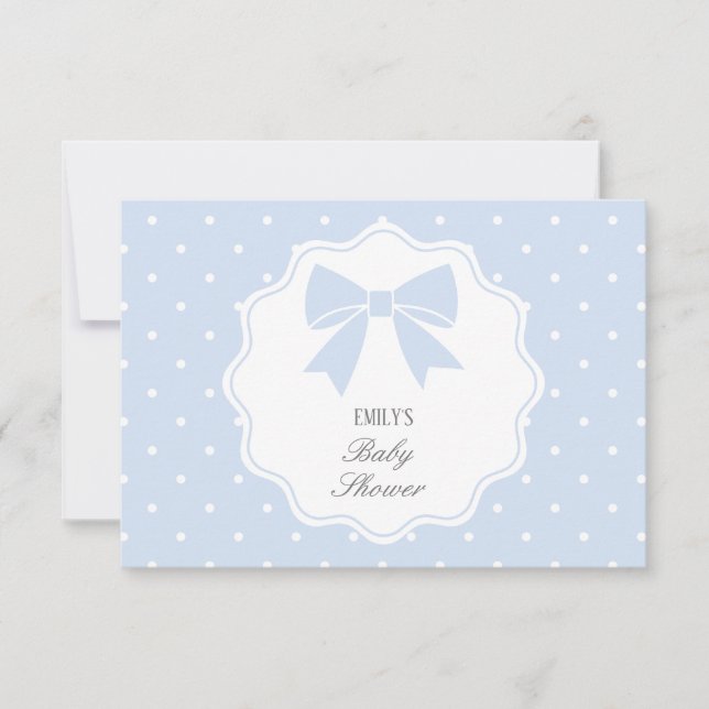 Classic Polka Dots Dusty Blue Bow Boy Baby Shower Thank You Card (Front)