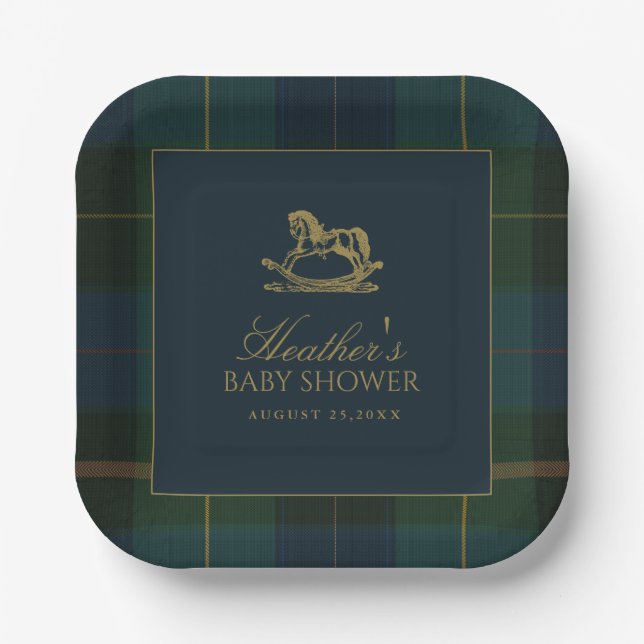 Classic Polo Dark Green Plaid Baby Shower Paper Plate (Front)