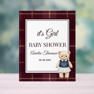 Classic Polo Teddy Bear Preppy Plaid Baby Shower Acrylic Sign