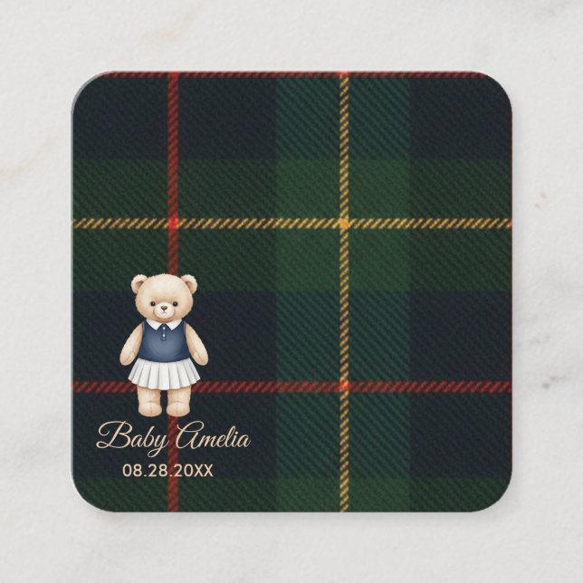 Classic Polo Teddy Bear Preppy Plaid Baby Shower  Enclosure Card (Front)