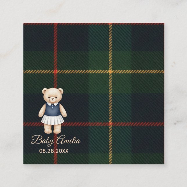 Classic Polo Teddy Bear Preppy Plaid Baby Shower  Enclosure Card (Front)