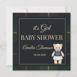 Classic Polo Teddy Bear Preppy Plaid Baby Shower  Invitation