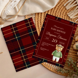 Classic Polo Teddy Bear Preppy Plaid Baby Shower Invitation