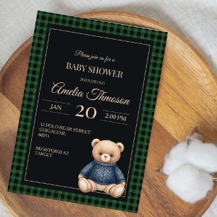 Classic Polo Teddy Bear Preppy Plaid Baby Shower Invitation