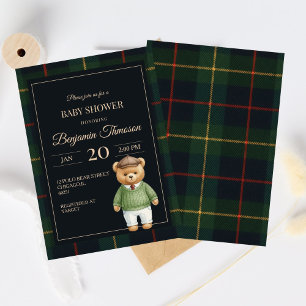Classic Polo Teddy Bear Preppy Plaid Baby Shower Invitation