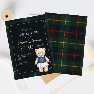 Classic Polo Teddy Bear Preppy Plaid Baby Shower Invitation