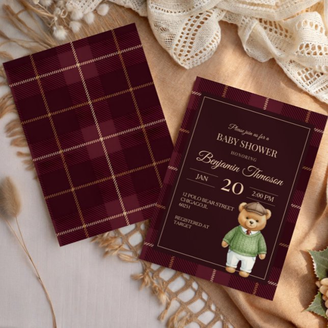Classic Polo Teddy Bear Preppy Plaid Baby Shower Invitation (Creator Uploaded)
