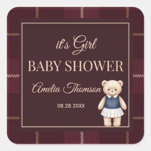 Classic Polo Teddy Bear Preppy Plaid Baby Shower  Square Sticker