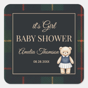 Classic Polo Teddy Bear Preppy Plaid Baby Shower  Square Sticker