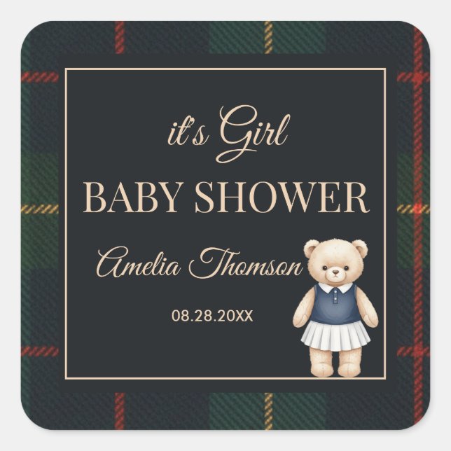 Classic Polo Teddy Bear Preppy Plaid Baby Shower  Square Sticker (Front)