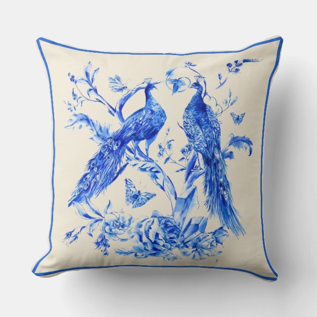 Classic Porcelain Blue Peacocks Cream Background Cushion (Front)