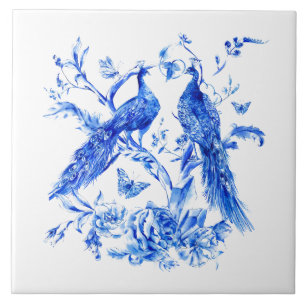 Classic Porcelain Blue Peacocks White Background Ceramic Tile