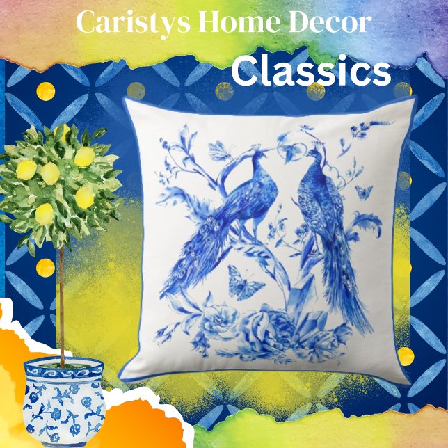 Classic Porcelain Blue Peacocks White Background Cushion (Creator Uploaded)