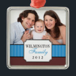 Classic portrait blue stripe band Christmas photo Metal Tree Decoration<br><div class="desc">Mark your favourite family moment with this easy to customise holiday ornament. Design features your portrait with a classically notched corners frame bearing your family name. and year. Deck the halls with some personality! Preserve your life moments with these quality holiday ornaments so your family may cherish them every year....</div>