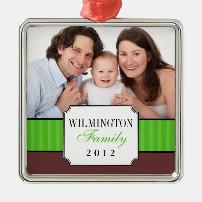 Classic portrait green stripe band Christmas photo Metal Tree Decoration (Front)