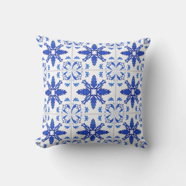 Classic Portuguese Tile Pattern Blue White Cushion (Front)