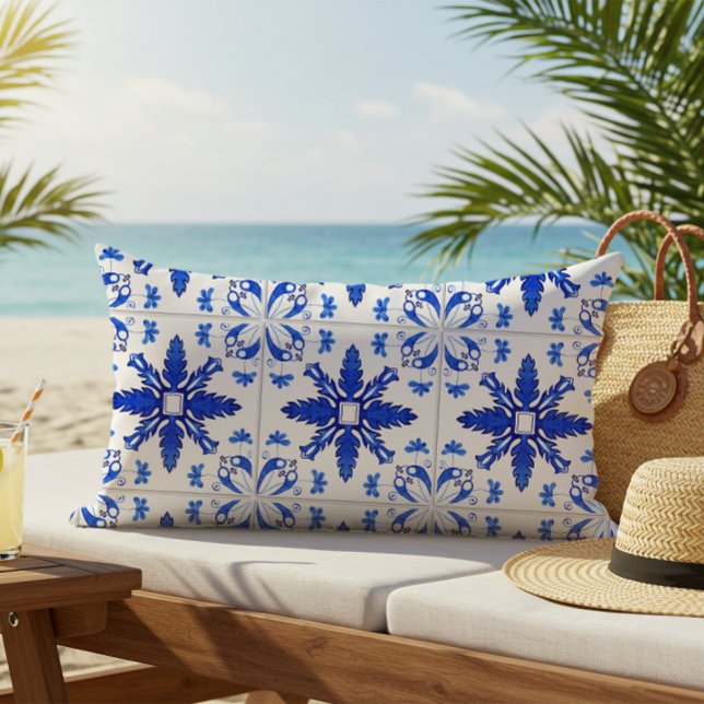 Classic Portuguese Tile Pattern Blue White Lumbar Cushion (Creator Uploaded)