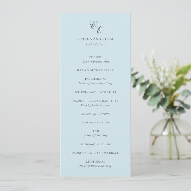 Classic Powder Blue Monogram Elegant Wedding Program (Standing Front)