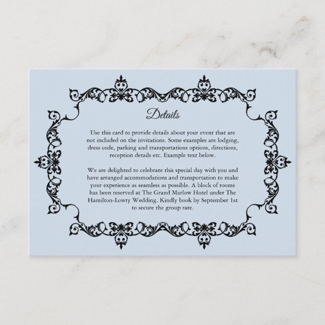 Classic Powder Blue Ornately Framed Wedding Enclosure Card (Front)