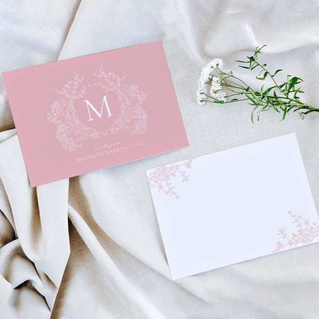 Classic Powder Blush Pink Floral Crest Monogram Card (Creator Uploaded)