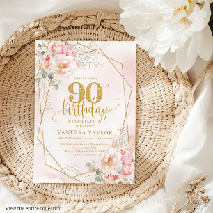 Classic Powder Pink Gold Peonies 90th Birthday  Invitation