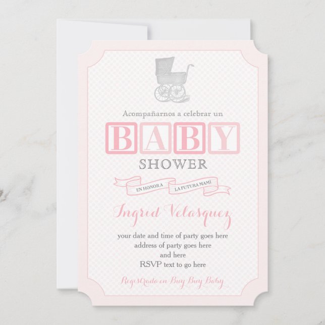 Classic Pram Girl Baby Shower Invites in Spanish (Front)