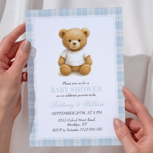 Classic Preppy Bear Blue Plaid Baby Shower  Invit Invitation