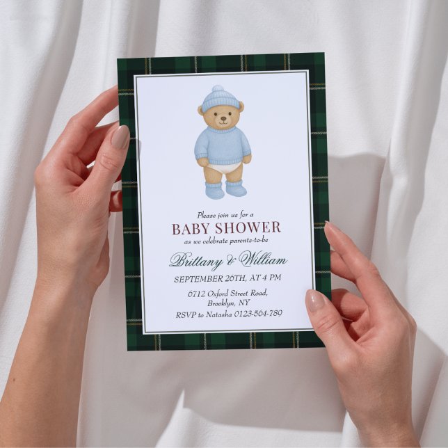 Classic Preppy Bear Designer Plaid Baby Shower Invitation (Creator Uploaded)