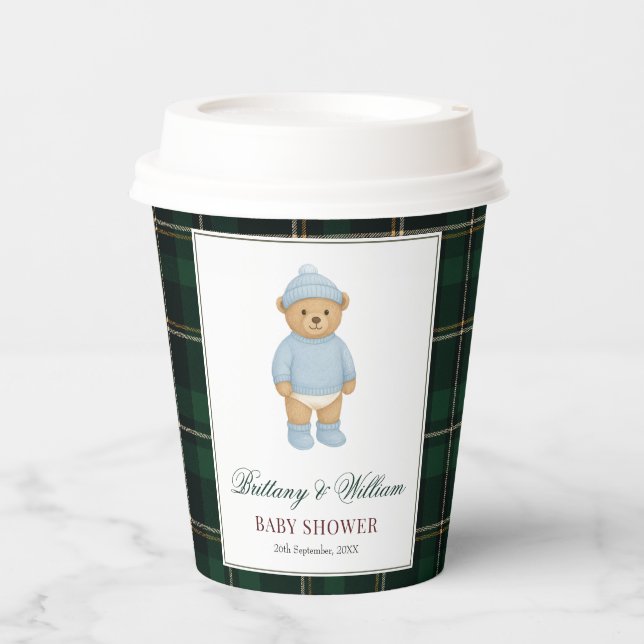 Classic Preppy Bear Designer Plaid Baby Shower Paper Cups (Front)