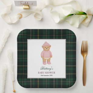 Classic Preppy Bear Designer Plaid Baby Shower Paper Plate