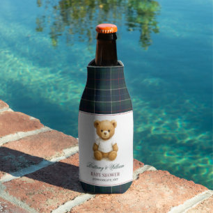 Classic Preppy Bear Green Plaid Baby Shower Bottle Cooler