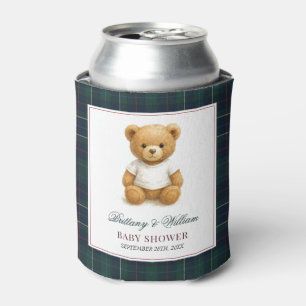 Classic Preppy Bear Green Plaid Baby Shower  Can Cooler