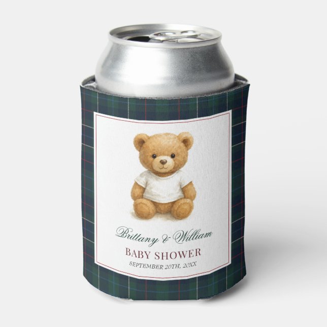 Classic Preppy Bear Green Plaid Baby Shower  Can Cooler (Can Front)