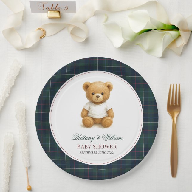 Classic Preppy Bear Plaid Baby Shower  Paper Plate (Wedding)