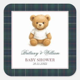 Classic Preppy Bear Plaid Baby Shower Square Sticker
