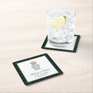 Classic Preppy Bear Tartan Plaid Baby Shower Square Paper Coaster