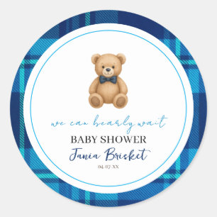 Classic Preppy Blue Plaid Teddy Bear Baby Shower Classic Round Sticker