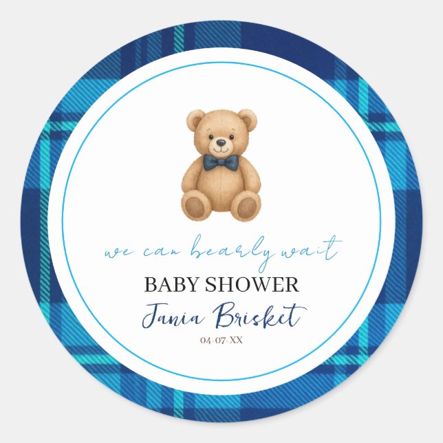Classic Preppy Blue Plaid Teddy Bear Baby Shower Classic Round Sticker (Front)