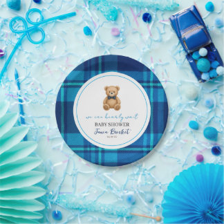 Classic Preppy Blue Plaid Teddy Bear Baby Shower Paper Plate