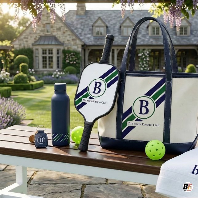 Classic Preppy Navy Green Striped Monogram Pickleball Paddle (Creator Uploaded)