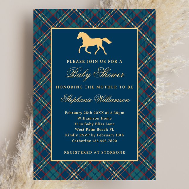 Classic Preppy Plaid Blue Equestrian Baby Shower Invitation (Creator Uploaded)