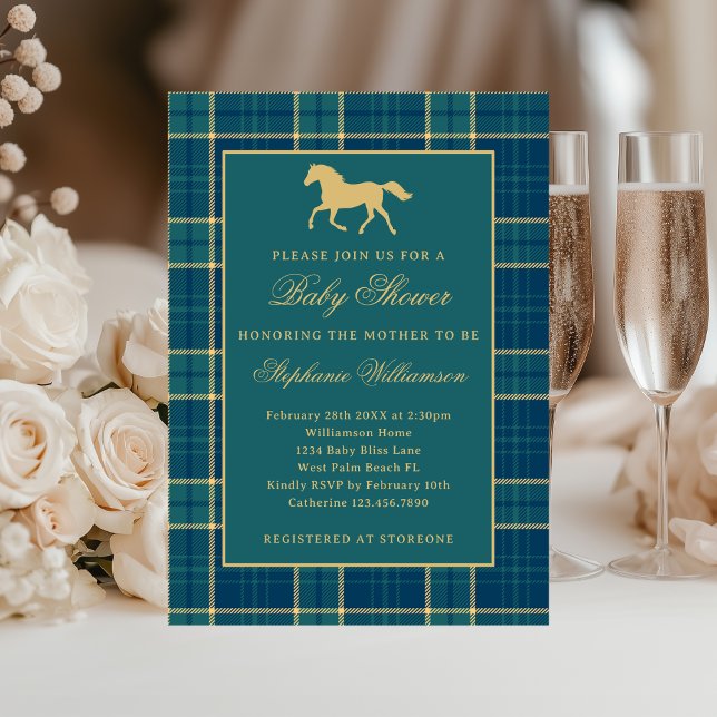 Classic Preppy Plaid Green Equestrian Baby Shower Invitation (Creator Uploaded)