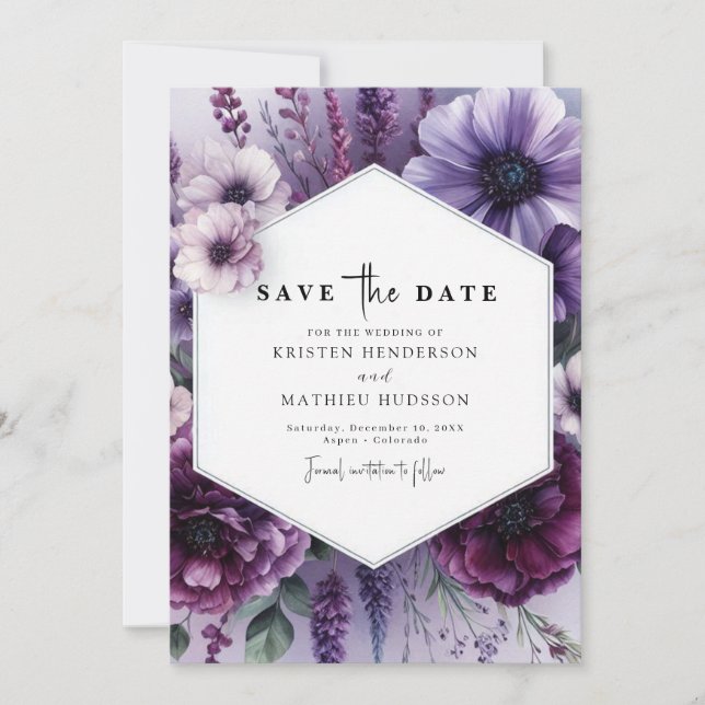 Classic Printable Purple Floral Wedding  Save The Date (Front)