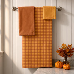 Classic Pumpkin Fall Autumn Gingham Plaid Check Bath Towel Set