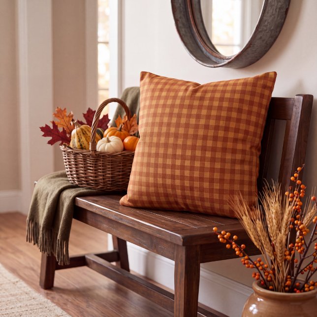Classic Pumpkin Fall Autumn Gingham Plaid Check Cushion (Creator Uploaded)