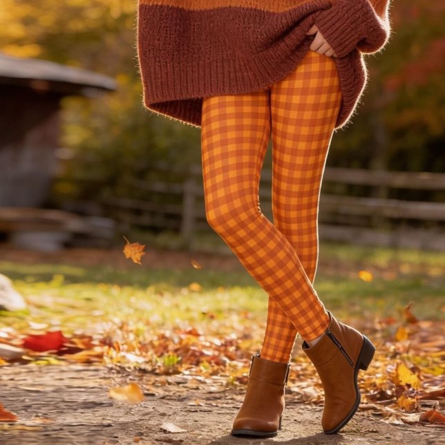 Classic Pumpkin Fall Autumn Gingham Plaid Check Leggings (Creator Uploaded)